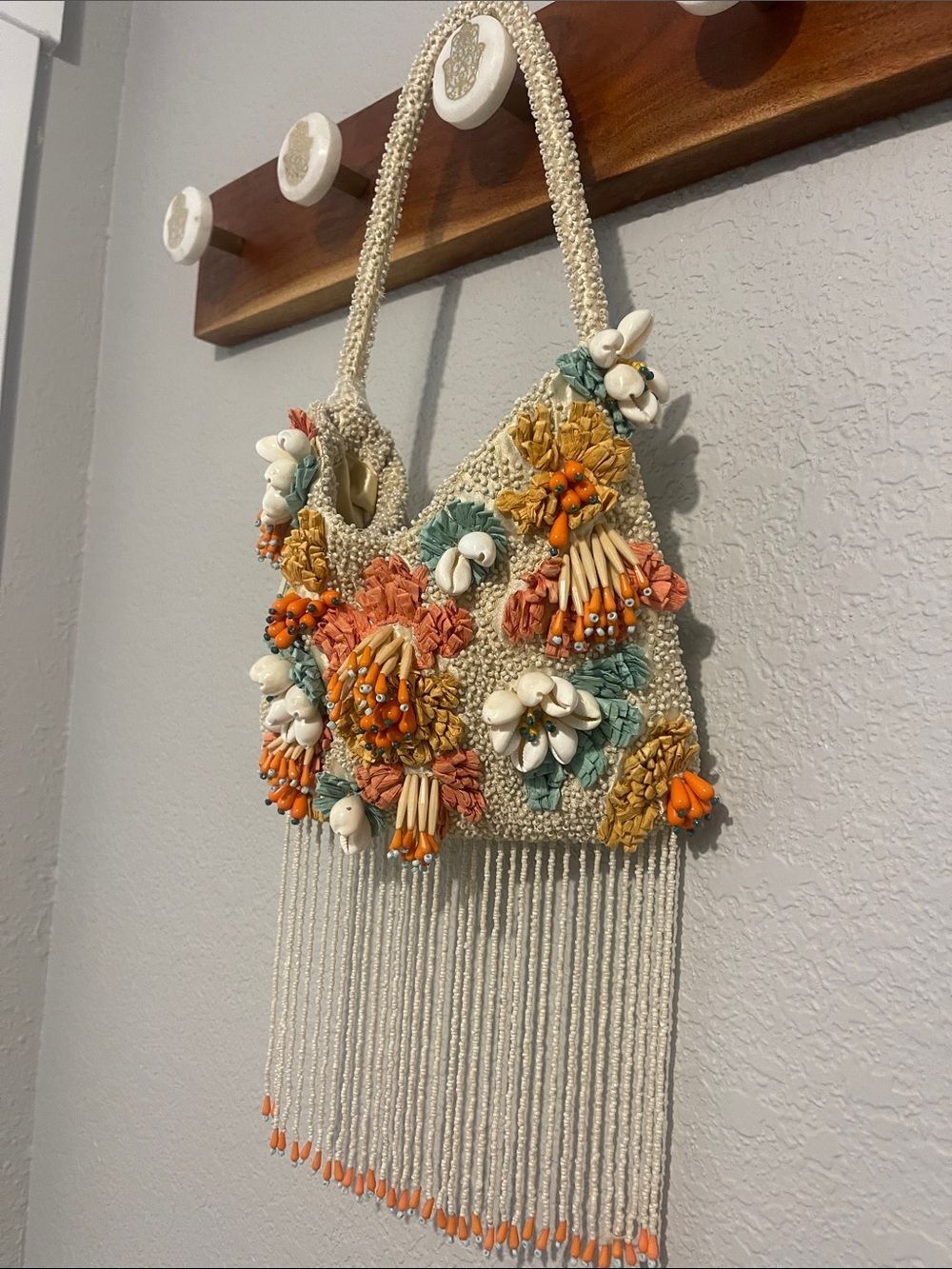 Viral Beaded Bag - Floral Fringe Satchel - Ivory with Orange & Teal Accents - Picture 2 of 12